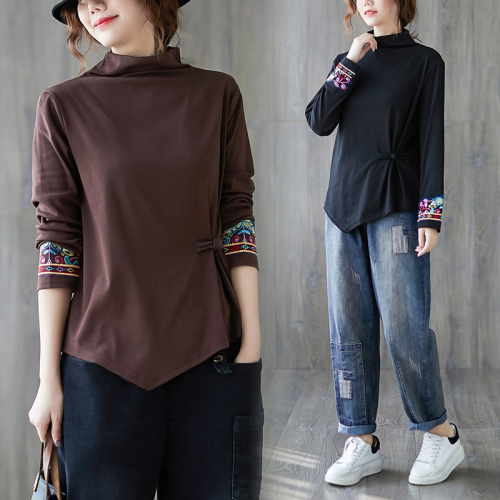 2024 Autumn Retro Embroidered Disc Button Stretch Cotton Long Sleeve Bottoming Shirt Loose Large Size T-Shirt