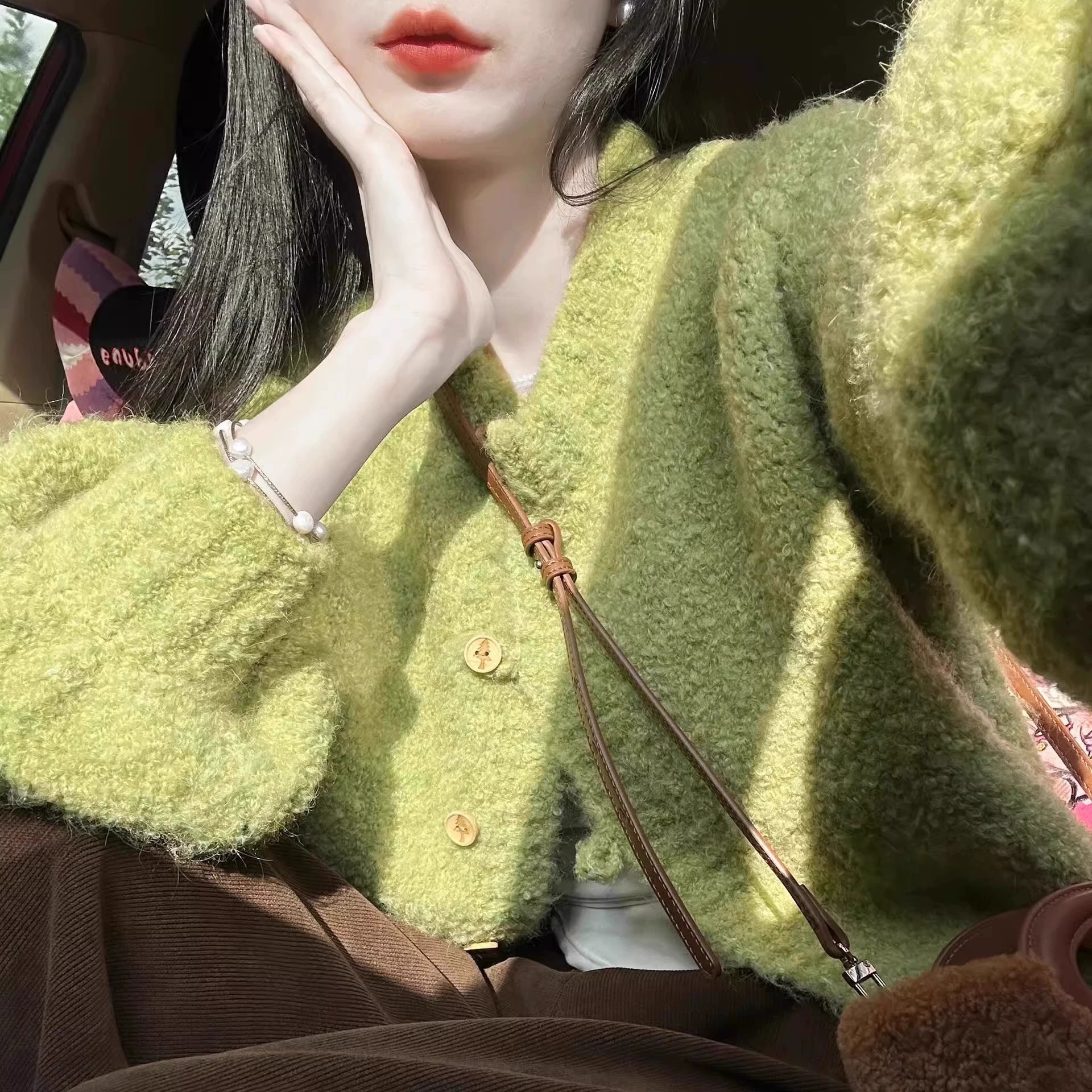 Circle yarn #green sweater jacket for women in autumn and winter soft glutinous milk fufu loose outer wear lazy style sweater top