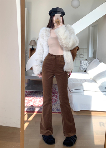 Real shot!  Brown brown straight-leg pants for women in autumn and winter high-waisted loose corduroy micro-flared pants trendy trousers