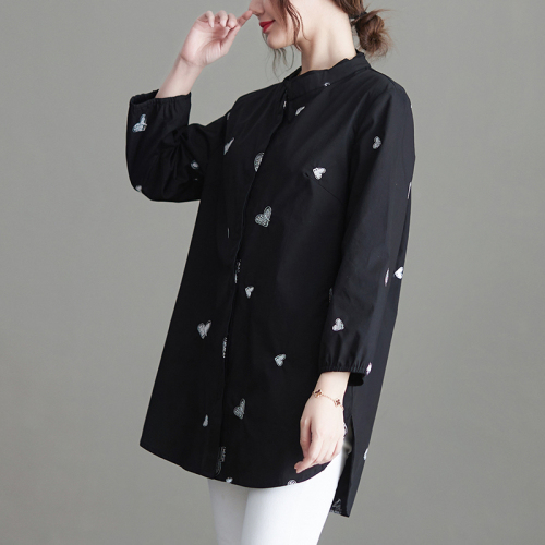 Embroidered black shirt for women 2024 autumn new style artistic retro long-sleeved shirt mid-length