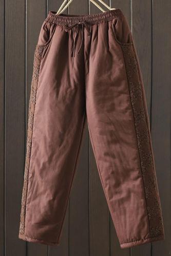 Retro literary mesh embroidery splicing loose quilted thickened pants harem casual warm cotton pants for women