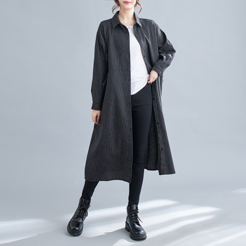 Brushed striped long-sleeved shirt dress, retro, age-reducing, loose, slimming, plus-size, temperamental long windbreaker