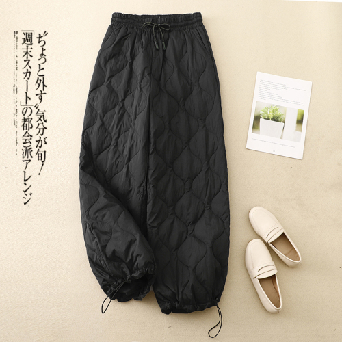 2024 winter new style artistic lace-up elastic waist rhombus quilted cotton trousers for women, windproof and warm cotton trousers