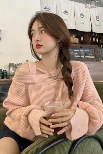 Sheep velvet design niche off-shoulder sweater for women autumn and winter warm and soft waxy loose knitted sweater top