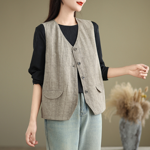 Japanese retro dirty dyed v-neck cotton and linen vest for women 2024 new khaki stacked vest