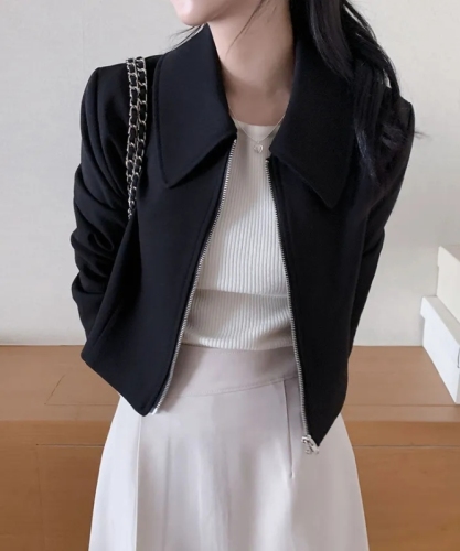 chic Korean style autumn and winter simple temperament lapel zipper long sleeve versatile short jacket small coat