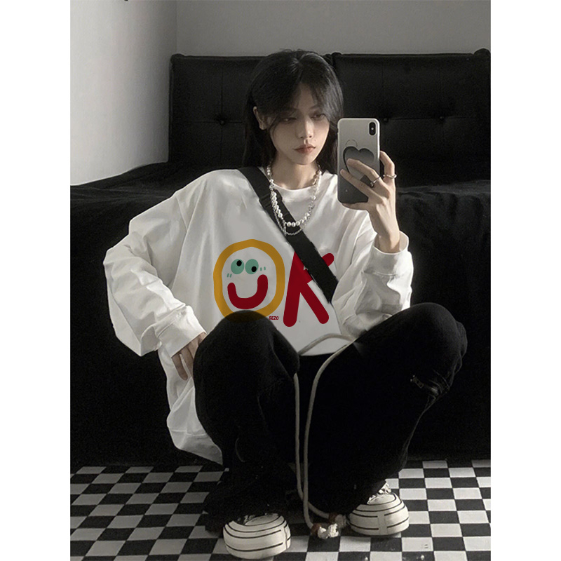 Women's Spring and Autumn Style Loose Print Crew Neck Cotton T-shirt with Full Sleeve and Embroidered Collar, 230g Pure Combed Cotton