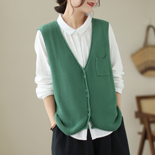 2024 Autumn Literary V-neck Knitted Vest Women's Solid Color Loose Retro Large Size Sleeveless Waistcoat