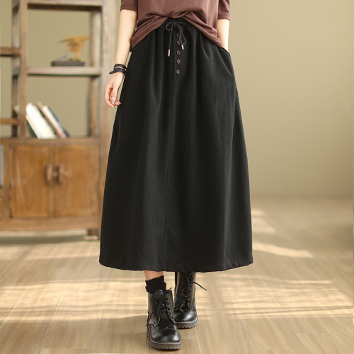 Woolen skirt women's autumn and winter high-waist slim long skirt solid color versatile elastic waist drawstring A-line skirt