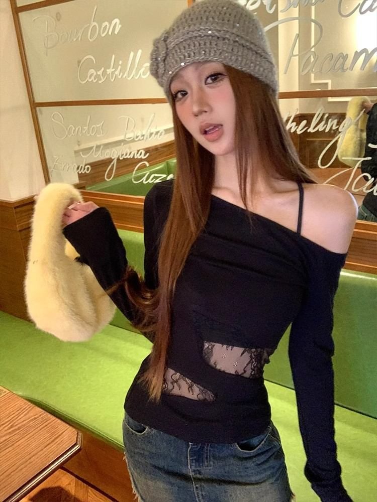 ffcheer 撩人辣妹 斜肩吊帶鏤空蕾絲打底衫春秋女修身百搭T恤上衣
