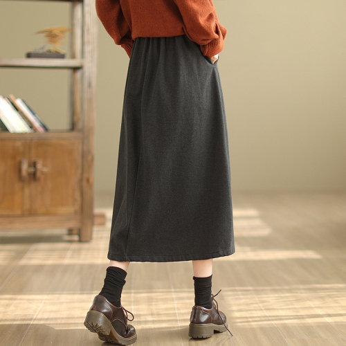 Woolen skirt women's autumn and winter high-waist slim long skirt solid color versatile elastic waist drawstring A-line skirt