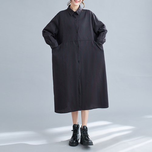 Brushed striped long-sleeved shirt dress, retro, age-reducing, loose, slimming, plus-size, temperamental long windbreaker