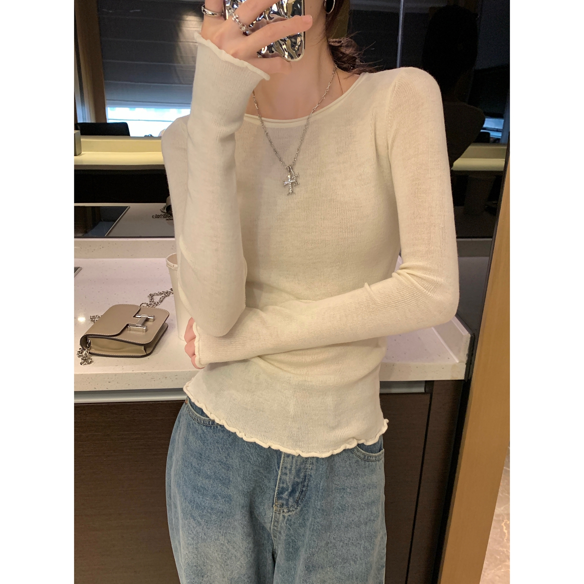 Actual shot of autumn and winter Korean style slimming temperament fungus edge 6 wool knitted bottoming shirt long-sleeved top