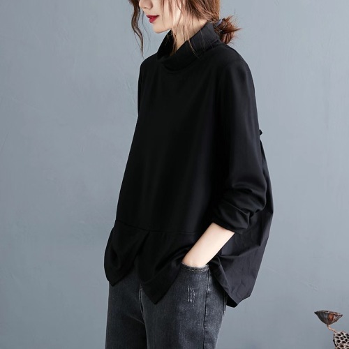 Real shot of 2024 autumn new literary retro casual splicing loose long-sleeved T-shirt high-neck bottoming shirt