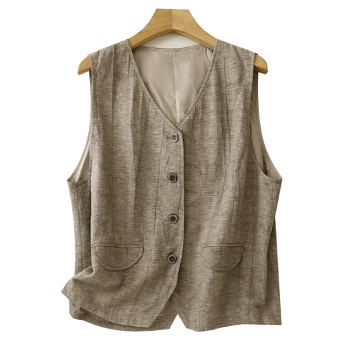 Japanese retro dirty dyed v-neck cotton and linen vest for women 2024 new khaki stacked vest