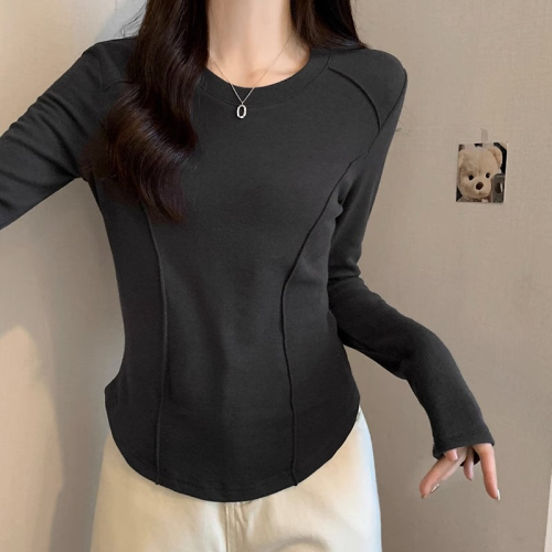 White long-sleeved bottoming shirt for women in spring, autumn and winter, short fishbone top, slim-fitting, western-style brushed T-shirt