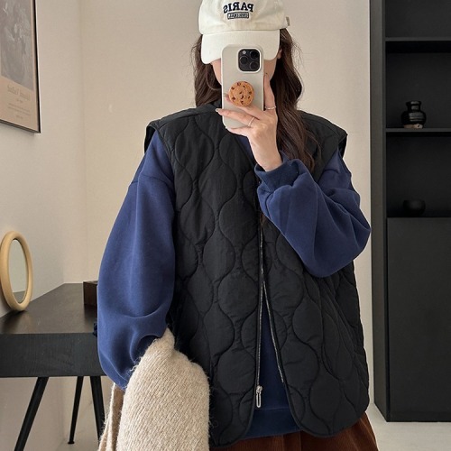 Korean style rhombus retro cotton vest for women autumn and winter new loose sleeveless vest outer vest jacket