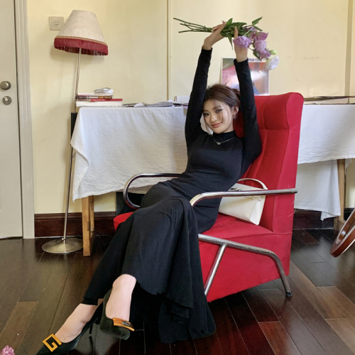 Real shot of 2024 autumn and winter new half-high collar dress for women, slim fit inner a-line fishtail skirt, long bottoming skirt