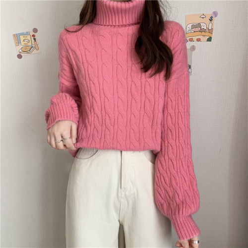 Real shot Korean style new style high collar thickened twist loose versatile sweater top jacket for women