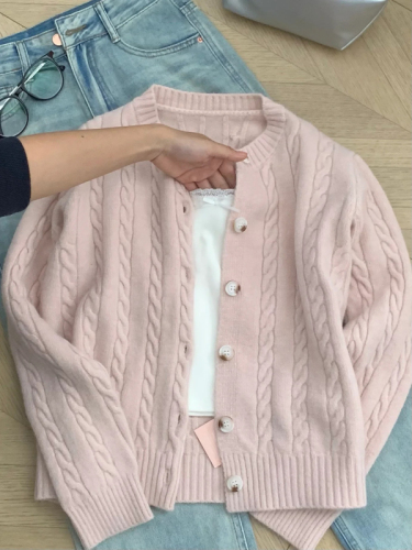 Sheepmere #Pink Twist Knitted Cardigan Women's 2024 Slim Long Sleeve College Style Top Short Sweater Jacket