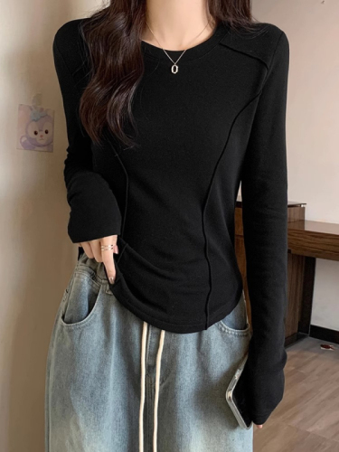 White long-sleeved bottoming shirt for women in spring, autumn and winter, short fishbone top, slim-fitting, western-style brushed T-shirt