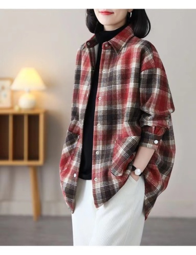 Jacket women's new spring and autumn jacket literary plaid casual loose mid-length without velvet