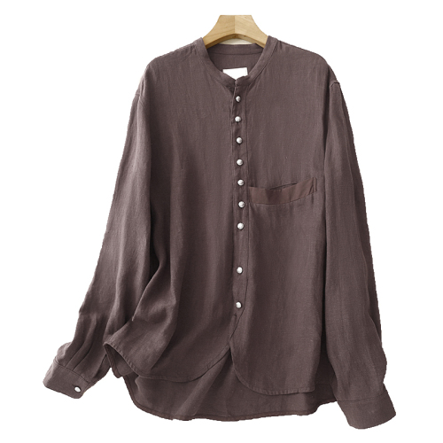 2024 autumn new cotton and linen large size loose big pocket artistic long-sleeved shirt