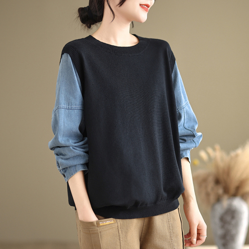 Autumn new denim patchwork sweater, lazy style gray sweater design fake two-piece top