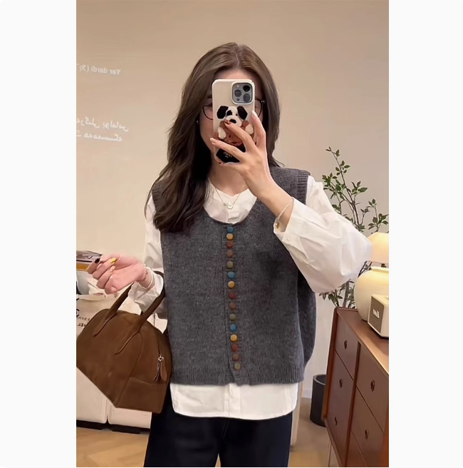 Old Money Style Rainbow Single Breasted Sleeveless Vest Cardigan Women's Autumn Waistcoat Stacked College Style Vest Top