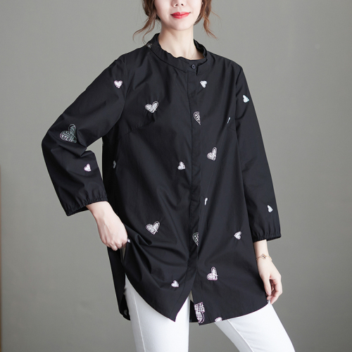 Embroidered black shirt for women 2024 autumn new style artistic retro long-sleeved shirt mid-length