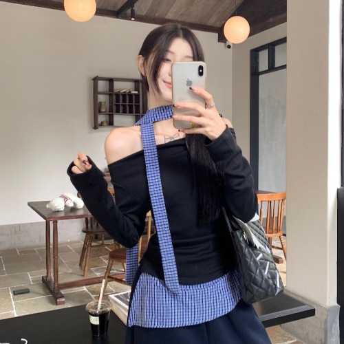 Real Shot Korean Version Slimming Design One-Shoulder Sexy Girl Plaid Spliced Long-Sleeved T-Shirt Underwear 