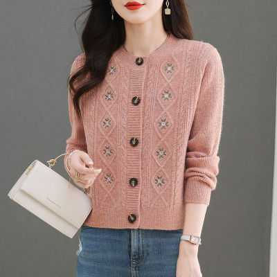 2024 new style knitted cardigan for women, fashionable embroidered sweater for spring and autumn wear, round neck, foreign style, loose and versatile jacket