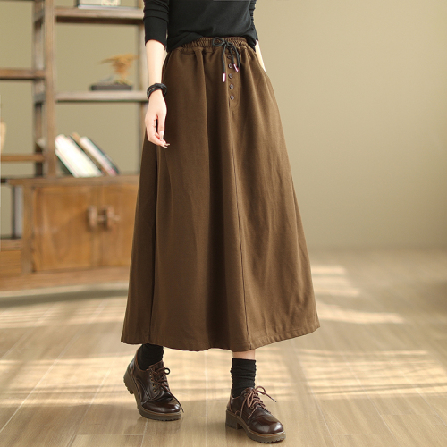 Woolen skirt women's autumn and winter high-waist slim long skirt solid color versatile elastic waist drawstring A-line skirt