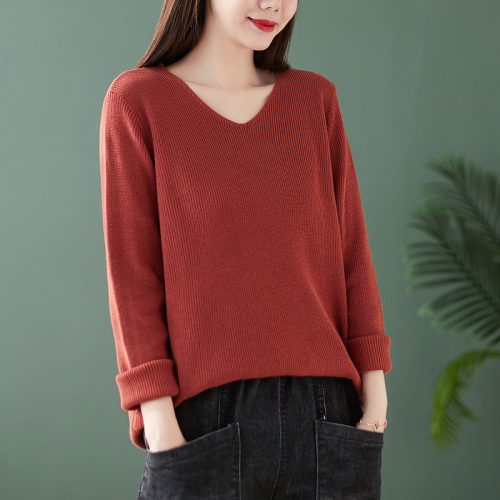 2024 new autumn cotton V-neck sweater long-sleeved sweater versatile pullover bottoming shirt