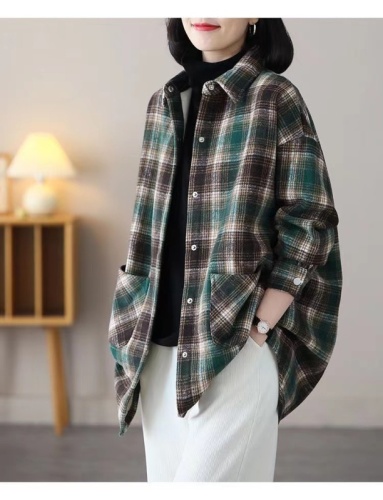 Jacket women's new spring and autumn jacket literary plaid casual loose mid-length without velvet