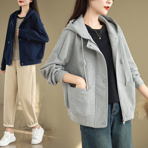 Silk cotton gray hooded jacket for women 2024 new autumn hot style casual simple versatile top