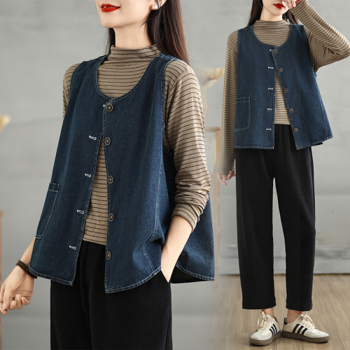 Washed denim vest Autumn new fashion retro simple loose slim vest vest