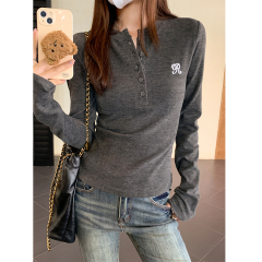 Photographed American-style button-down embroidered long-sleeved women's autumn hot girl waist-cinching slimming short-sleeve top