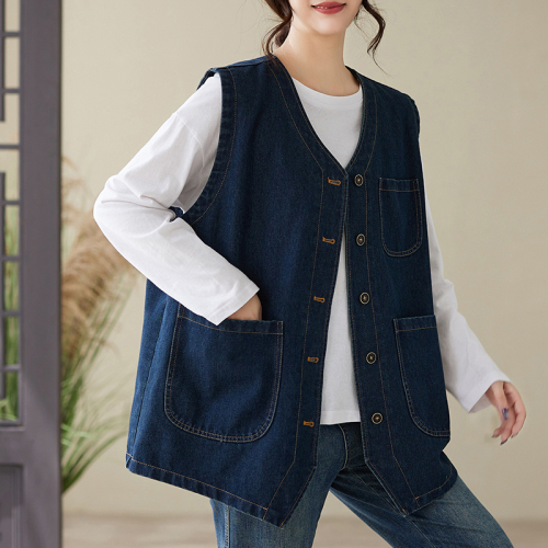 Japanese retro multi-pocket workwear denim vest loose casual top short coat vest