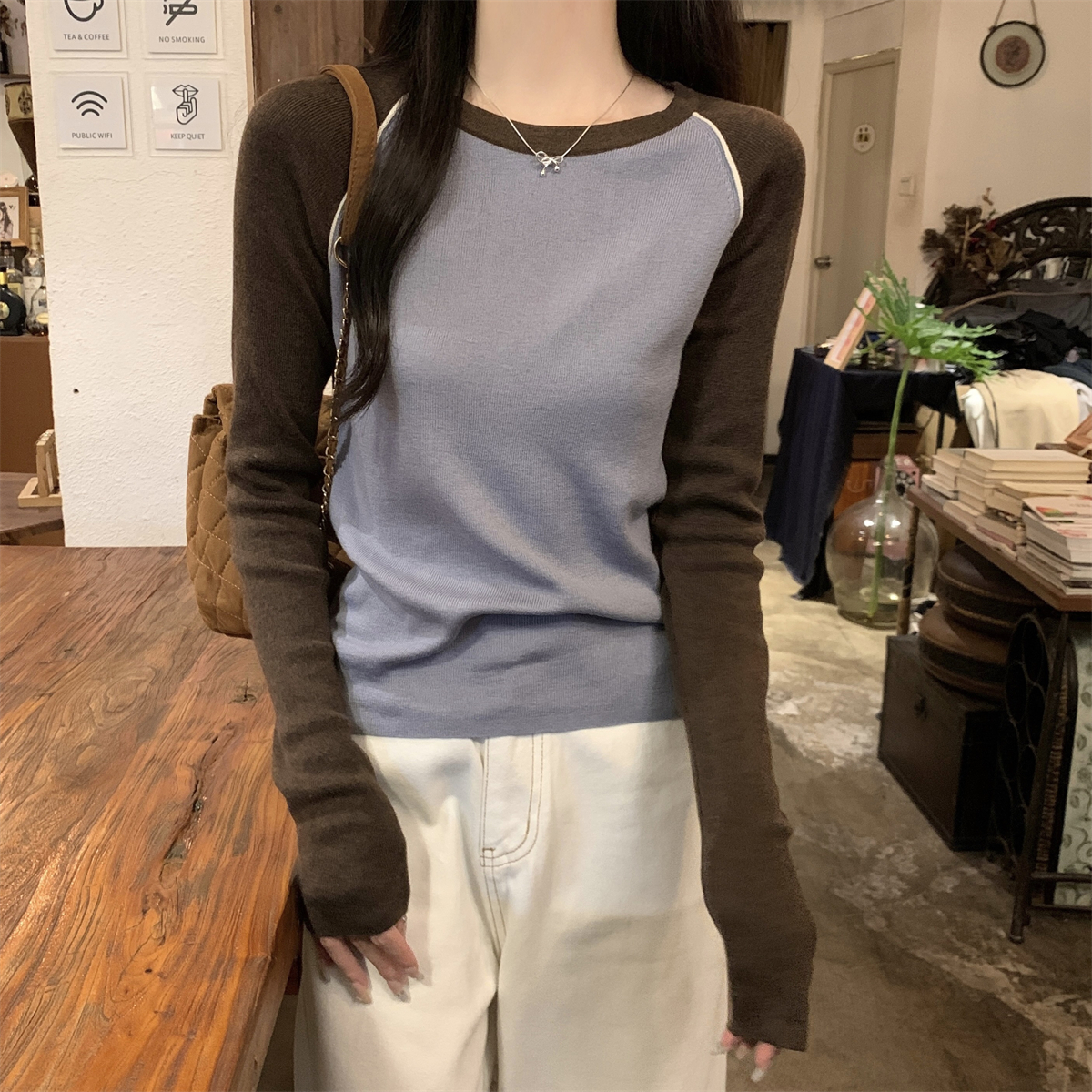 Actual shot of autumn and winter Korean style raglan contrasting color design versatile soft waxy 6 wool knitted bottoming long-sleeved top
