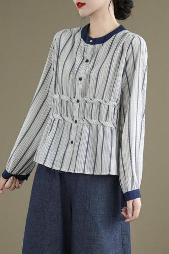 New French vertical stripe contrasting color long-sleeved women's loose and slim round-neck design small shirt with niche temperament