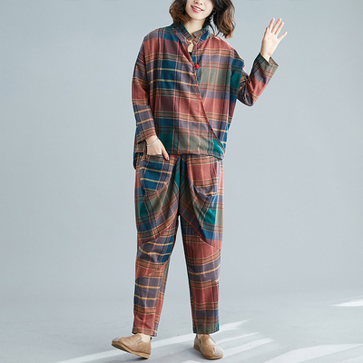 New loose large size two-piece suit with flesh-covering temperament and western style plaid casual fat mm cotton and linen suit