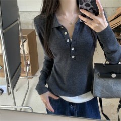 Real-shot, authentic autumn new arrival faux two-piece color-block polo-neck base long-sleeve knit sweater for women