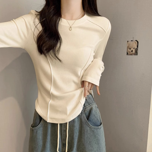 White long-sleeved bottoming shirt for women in spring, autumn and winter, short fishbone top, slim-fitting, western-style brushed T-shirt