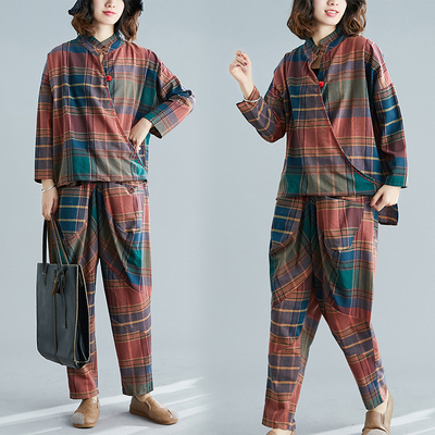 New loose large size two-piece suit with flesh-covering temperament and western style plaid casual fat mm cotton and linen suit