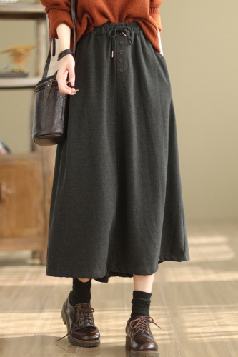 Woolen skirt women's autumn and winter high-waist slim long skirt solid color versatile elastic waist drawstring A-line skirt