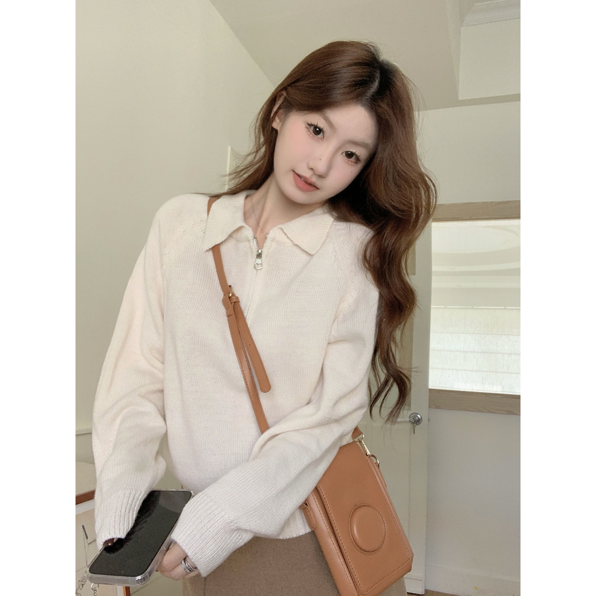 Real shot of autumn and winter Korean style loose zipper polo collar raglan arctic velvet knitted long-sleeved pullover top for women