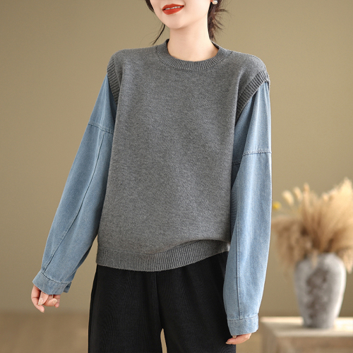 Autumn new denim patchwork sweater, lazy style gray sweater design fake two-piece top