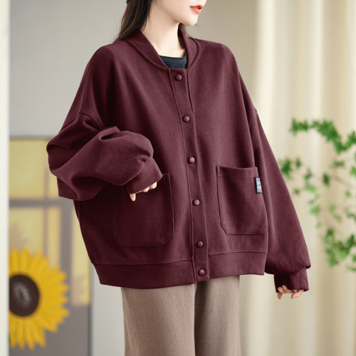 2024 Autumn and Winter Baseball Uniform Cardigan Women's Loose Large Size Solid Color Korean Style Large Pocket Sweatshirt Jacket