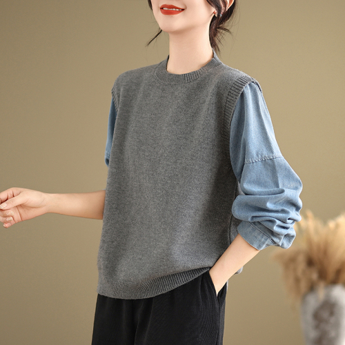 Autumn new denim patchwork sweater, lazy style gray sweater design fake two-piece top